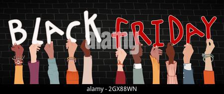 Raised arms of multiethnic diverse people holding white and red letters forming text-Black Friday-. Sale and discount concept banner.Dark background Stock Photo