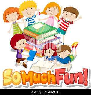 Font design for phrase so much fun with kids playing Stock Vector