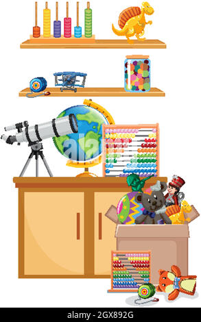 Shelf and box full of toys on white background Stock Vector