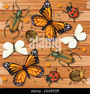 Set of different insects on wooden wallpaper background Stock Vector ...