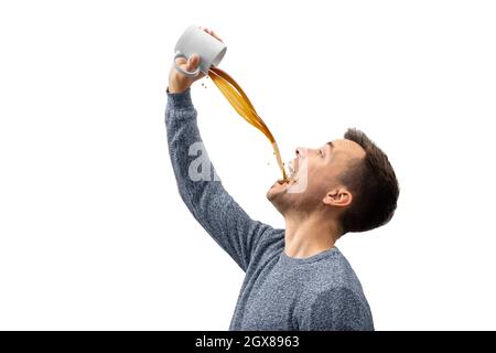 Man drinking a lot of coffee - isolated on white Stock Photo