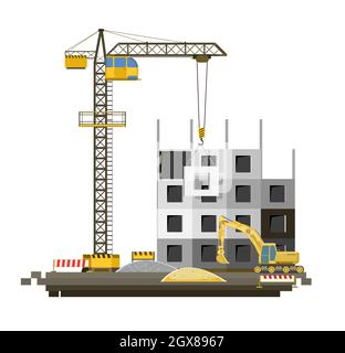 Construction of large city buildings. Residential houses and industrial objects. Lifting crane. Modern technologies and equipment. Isolated Stock Vector