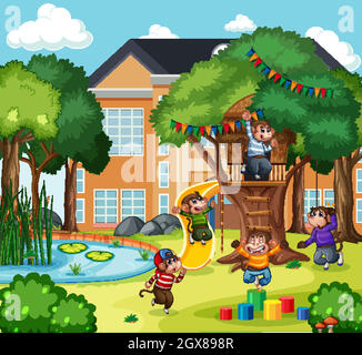 Five little monkeys jumping in the park playground scene Stock Vector