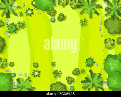 Hilly lawn in the forest. View from above. Countryside rural landscape. Green foliage of trees and shrubs. Top view. Background illustration in Stock Vector