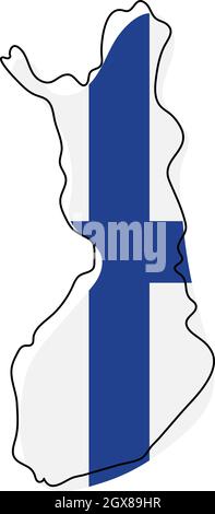 Stylized outline map of Finland with national flag icon. Flag color map of Finland vector illustration. Stock Vector