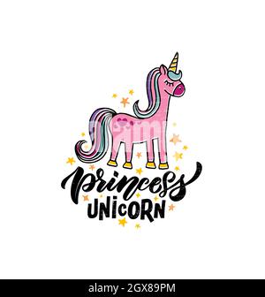 Hand sketched princess unicorn vector illustration with lettering ...