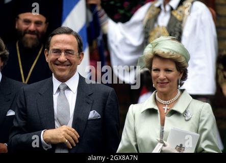 Former King Constantine of Greece and wife Queen Anne-Marie of Greece at the wedding of their son, Pavlos, Crown Prince of Greece, to Marie-Chantal Miller at the Greek Orthodox Cathedral of St Sophia in Bayswater, London Stock Photo