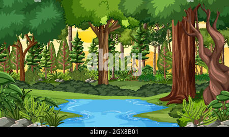 Forest at sunset time scene with different wild animals illustration ...