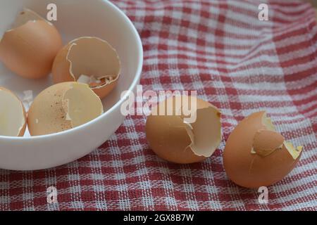 Egg shells from eaten eggs. Boiled chicken eggs. White ceramic bowl with broken shells. Close-up. Selective focus. Inside the room. Stock Photo