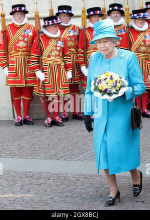 Queen Elizabeth II attends the Maundy Service at Westminster Abbey on April 21, 2011 in London, England. Today is Queen Elizabeth II's 85th Birthday. Stock Photo