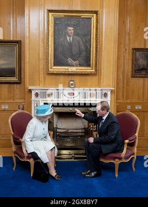 Queen Elizabeth ll meets Irish Prime Minister Enda Kenny at the Government Buildings in Dublin on the second day of a historical State Visit to Ireland on May 18, 2011. **POOL PICTURES 28 DAY UK RESTRICTION *** Stock Photo