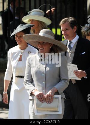 Lady Sarah Chatto, Autumn Phillips and Daniel Chatto attends the Royal Wedding of Zara Phillips to Mike Tindall at Canongate Kirk in Edinburgh on July 30, 2011. Stock Photo