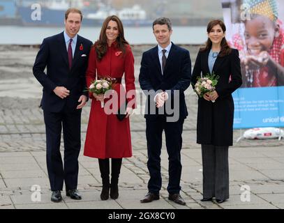 Prince William, Duke of Cambridge and Catherine, Duchess of Cambridge, accompanied by Crown Prince Frederik and Crown Princess Mary of Denmark, visit the UNICEF Supply Division centre in Copenhagen, Denmark to view the distribution of aid to East Africa on November 2, 2011. Stock Photo