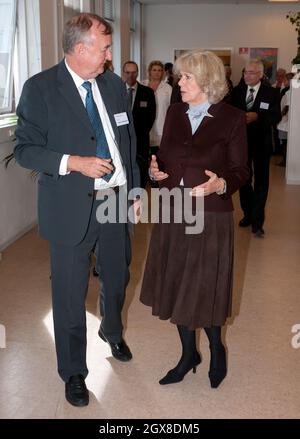 Camilla, Duchess of Cornwall visits the Ballerup medical research centre, Copenhagen, Denmark on March 27, 2012. The Duchess, President of the UK National Osteoporosis Society, is being briefed on trials being conducted for the potential benefit of osteoporosis patients . Stock Photo