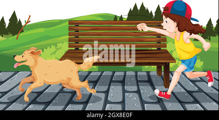 Vector illustration of a girl with a dog in black silhouette against a ...