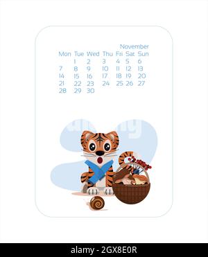 Cute cartoon tiger November 2022 calendar horizontal template Stock ...