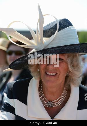 Camilla, Duchess of Cornwall attends an official welcome ceremony at Canadian Forces Base Gagetown, New Brunswick on the first day of an official Diamond Jubilee tour of Canada Stock Photo
