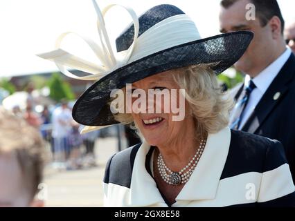 Camilla, Duchess of Cornwall attends an official welcome ceremony at Canadian Forces Base Gagetown, New Brunswick on the first day of an official Diamond Jubilee tour of Canada Stock Photo