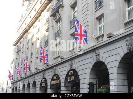 Union Jack flags hang outside the Ritz Hotel in London, England on May 28, 2012 ahead of the Queen's Diamond Jubilee celebrations Stock Photo