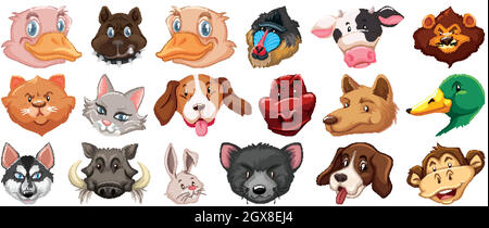 Set of different cute cartoon animals head huge isolated on white background Stock Vector