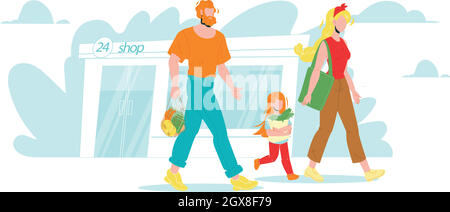 Family With Groceries In Zero Waste Bag Vector Stock Vector