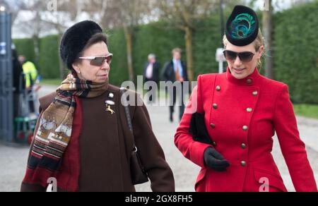 Princess Anne, the Princess Royal and daughter Zara Phillips attend Ladies Day at the Cheltenham Festival on March 13, 2013.  Stock Photo