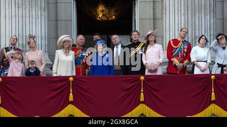 Prince Edward, Earl of Wessex, Lady Louise Windsor, James Viscount Severn, Sophie, Countess of Wessex, Camilla, Duchess of Cornwall, Prince Charles, Prince of Wales, Timothy Laurence, Queen Elizabeth II, Prince Andrew, Duke of York, Prince Harry, Catherine, Duchess of Cambridge, Prince William, Duke of Cambridge, Princess Eugenie and Princess Beatrice stand on the balcony of Buckingham Palace following the annual Trooping The Colour Ceremony  Stock Photo