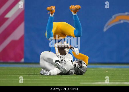 Inglewood, United States. 05th Oct, 2021. Las Vegas Raiders receiver Henry Ruggs III (11) can't come up with catch against Los Angeles Chargers cornerback Michael Davis in fourth quarter action at SoFi Stadium on Monday, October 4, 2021 in Inglewood, California. The Chargers defeated the Raiders 28-14. Photo by Jon SooHoo/UPI Credit: UPI/Alamy Live News Stock Photo