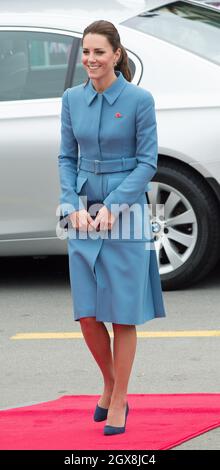 Catherine, Duchess of Cambridge arrives to attend a wreath-laying ceremony and commemoration in Seymour Square, Blenheim, New Zealand on April 10, 2014. The Duchess is wearing a blue coat dress by designer Alexander McQueen. Stock Photo