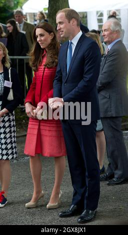 Prince William, Duke of Cambridge and Catherine, Duchess of Cambridge, known as The Earl and Countess of Strathearn in Scotland, visit Forteviot Fete in Scotland on May 29, 2014.  Stock Photo