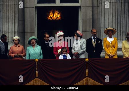 (Left to Right) Princess Margaret, The Queen Mother, Prince Edward, Prince Michael of Kent and Princess Michael of Kent attending Trooping the Colour at Buckingham Palace in London. Stock Photo