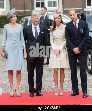 (L-R) Queen Mathilde of Belgium, King Philippe of Belgium, Catherine, Duchess of Cambridge and Prince William, Duke of Cambridge arrive at the Saint-Laurent Abbey in Liege, Belgium on August 4, 2014.  This is part of a series of events marking the 100th anniversary of Britain joining the First World War.  Stock Photo