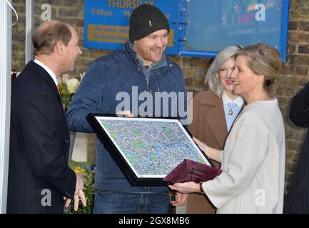 Sophie, Countess of Wessex, accompanied by Prince Edward, Earl of Wessex, visits Tomorrow's People Social Enterprises at St. Anselm's Church in London on her 50th birthday on January 20, 2015. Stock Photo