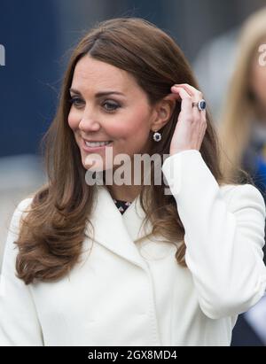 Catherine, Duchess of Cambridge, wearing a Max Mara Villar belted wool coat, visits the new home of Ben Ainslie Racing and the 1851 Trust  in Portsmouth on February 12, 2015. Stock Photo