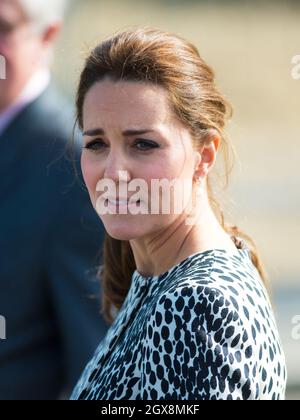 Catherine, Duchess of Cambridge, wearing a dalmatian print coat by Hobbs, visits the Turner Contemporary art gallery in Margate on March 11, 2015.  Stock Photo