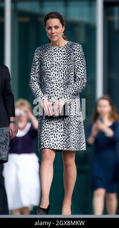 Catherine, Duchess of Cambridge, wearing a dalmatian print coat by Hobbs, visits the Turner Contemporary art gallery in Margate on March 11, 2015.  Stock Photo