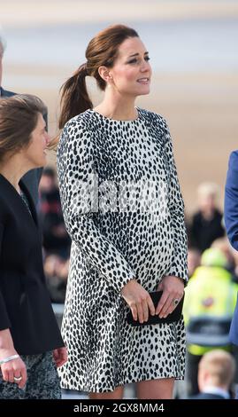 Catherine, Duchess of Cambridge, wearing a dalmatian print coat by Hobbs, visits the Turner Contemporary art gallery in Margate on March 11, 2015.  Stock Photo