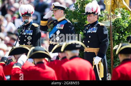 Prince Andrew, Duke of York, attends the annual Founder's Day Parade at the Royal Hospital, Chelsea in London on June 4, 2015. Stock Photo