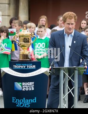 Prince Harry attends the launch of the Rugby World Cup Trophy Tour, 100 days before the Rugby World Cup at Twickenham Stadium in London on June 10, 2015.  Stock Photo