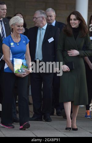 Catherine, Duchess of Cambridge, wearing a  Max Mara green coat, meets Judy Murray when she visits Craigmount High School to see a project called 'Tennis on the Road' in Edinburgh. Stock Photo