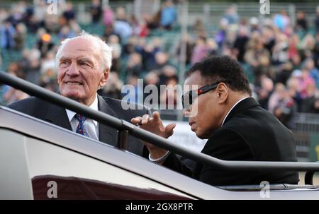 Boxers Muhammad Ali and Sir Henry Cooper parade round the ring in the back of a landrover at the 2009 Alltech FEI European Jumping and Dressage Championships in the grounds of Windsor Castle on August 28, 2009. Stock Photo