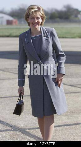 The Countess of Wessex during her visit to the Orbis DC-10 hospital plane at Stansted Airport in Essex, Friday April 4, 2003, where she boarded the flying eye hospital for the launch of her new role as patron of Vision 2020: The Right to Sight. 3/4 length, grey dress, royals, hand bag, smiling  Â©Anwar Hussein/allaction.co.uk  Stock Photo