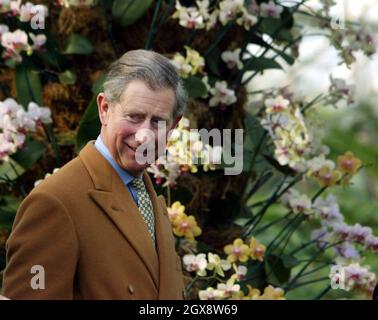 The Prince of Wales looks at flowers in the Wet Tropics area of the Princess of Wales conservatory at Kew Botanical Gardens, west London, Monday 24 February, 2003.  The prince was opening the Nash Conservatory - a 19th century glasshouse formerly home to exotic plants and tropical climbers - which has been renovated into an education centre. The centre will act as a base for school children learning about the thousands of different plants grown in the Gardens. Â©Anwar Hussein/allaction.co.uk  Stock Photo