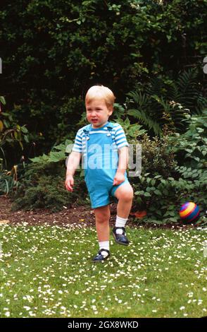 Prince William celebrates his 2nd Birthday by playing football in the gardens of Kensington Palace on June 21st, 1984. Prince Charles jokingly nicknamed his son 'wombat' during the photocall. Royals, William, Child, Sport, Casual, Full length  Â©Anwar Hussein/allaction.co.uk    Stock Photo