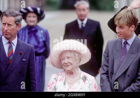 The Prince of Wales and Prince William by the Queen Mother outside Clarence House, on her 97th Birthday in August 1997.  Photo. Anwar Hussein  Stock Photo