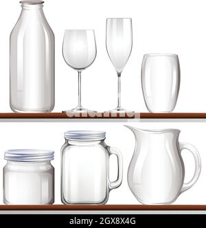 Glasses and bottles on wooden shelves Stock Vector