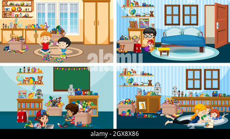 Four scenes with kids playing and reading in different rooms Stock Vector