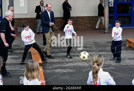 Prince William, Duke of Cambridge takes part in an activity as he officially launches the new Skillforce Prince William Award at Llanfoist Fawr Primary School near Abergavenny in Wales in March 01, 2017 Stock Photo