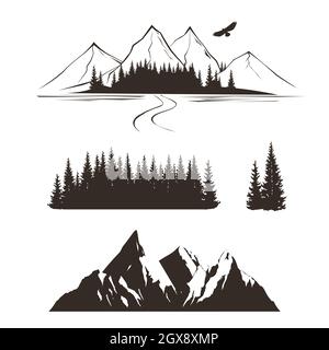 illustration of rocky mountains and forest silhouette Stock Vector