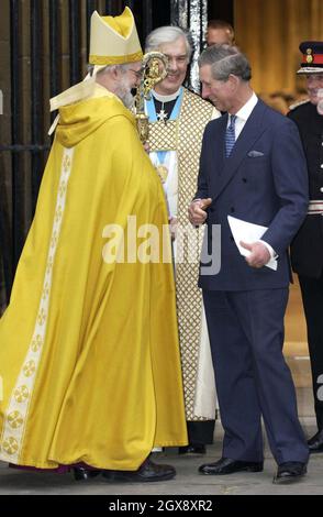 The Prince of Wales with The Most Reverend and Rt Hon Dr Rowan Williams  standing outside Canterbury Cathedral after his enthronment as 104th archbishop of Canterbury. full length.    Photo.  Â©Anwar/allaction.co.uk  Stock Photo